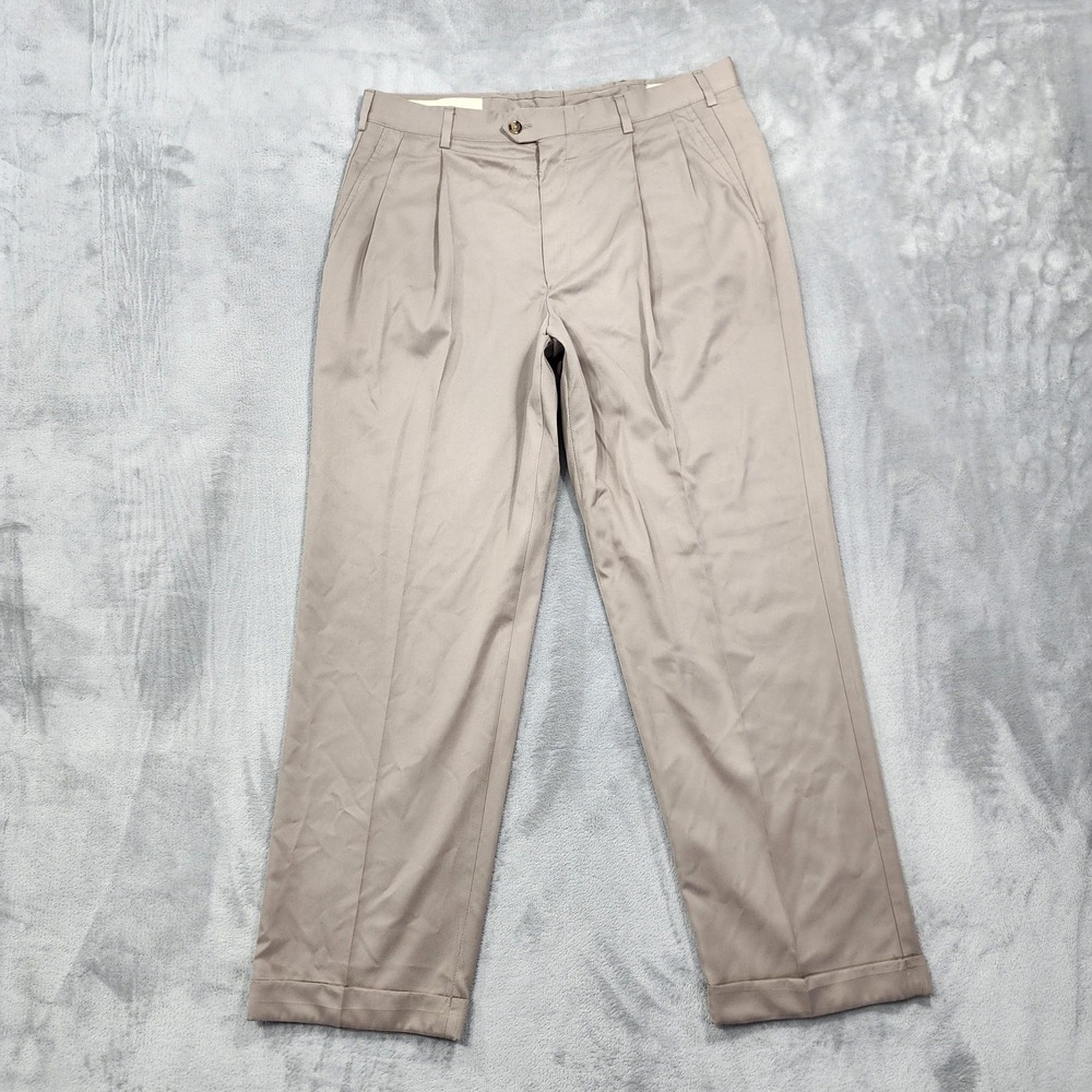 Vintage Sansabelt Pants Mens 34x29 Beige Pleated Cuffed Dress Office Preppy